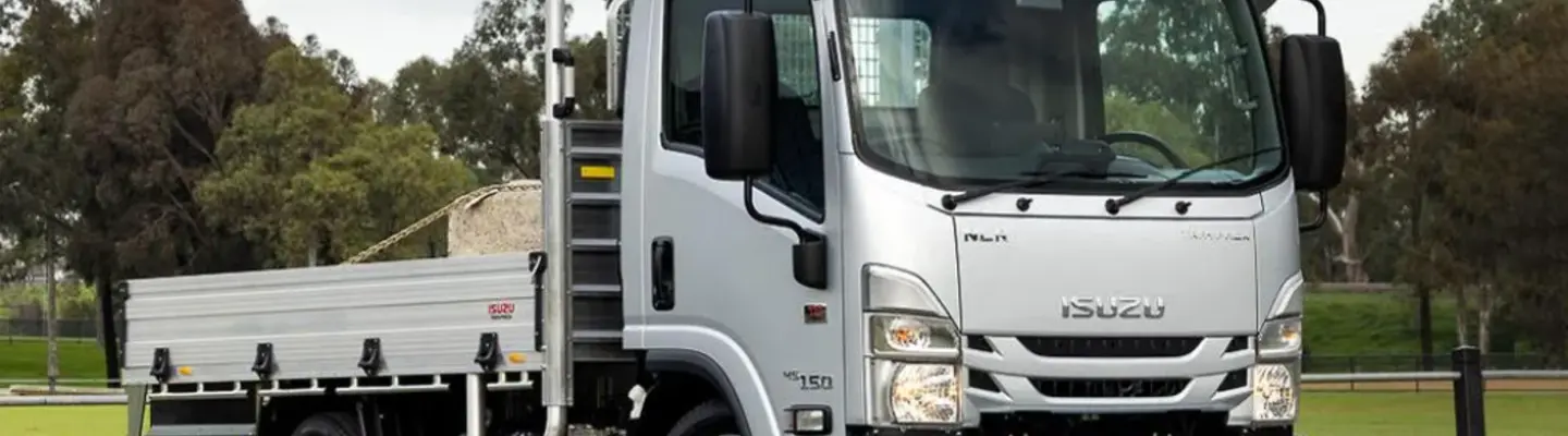 Un camion à plateau Isuzu blanc stationné à l’extérieur, transportant une charge de gravier, avec des arbres et de l’herbe en arrière-plan.