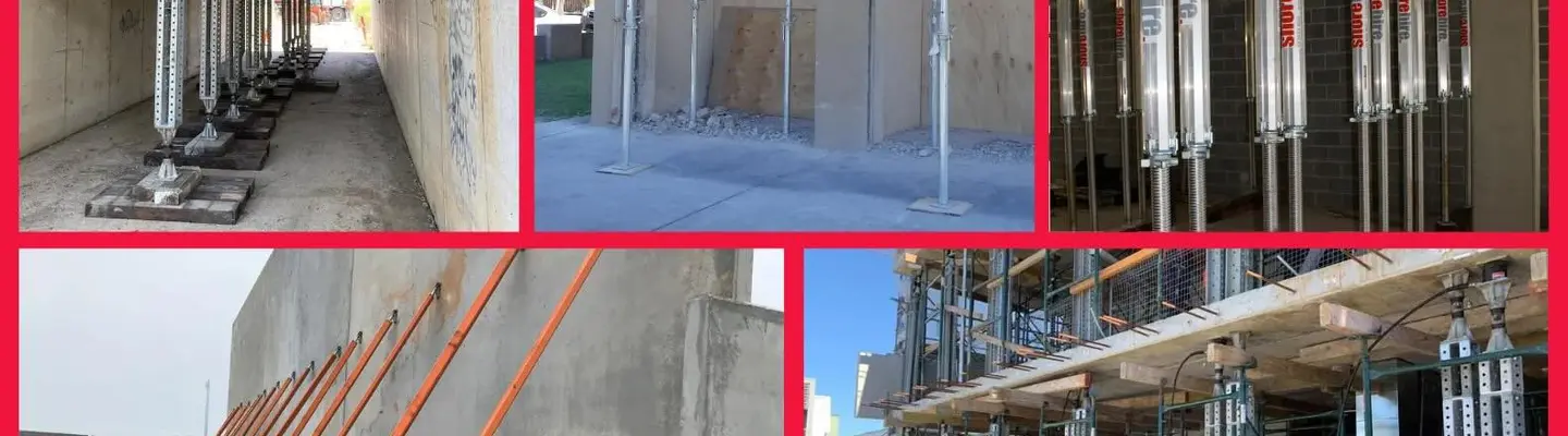 Les travailleurs de la construction assemblent un bâtiment à l’aide de systèmes de plombage temporaires pour soutenir la structure pendant la construction.