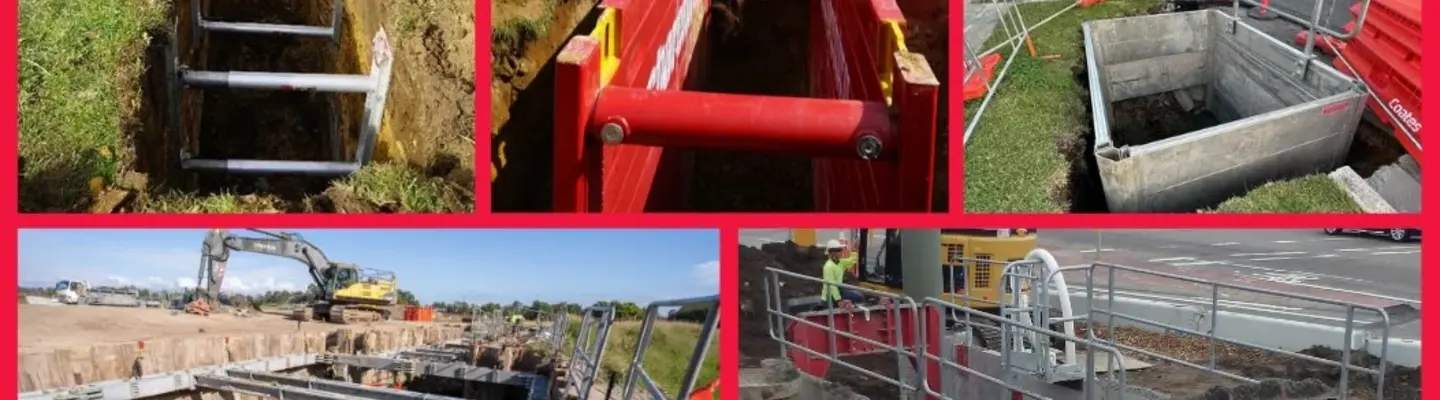 Travailleur installant des renforts à l’intérieur d’une boîte d’étayage de tuyaux pour fixer et stabiliser les murs d’excavation pendant la construction.