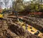 excavatrice JOHN DEERE jaune et grise avec balancement réduit de l’arrière