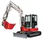 Mini-excavatrice TAKEUCHI blanche, rouge et grise de 3,5 à 4,5 tonnes, balancement réduit de l’arrière