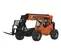 Un chariot élévateur à portée variable JLG SkyTrak orange avec une flèche noire et des fourches noires, vu d’un angle latéral légèrement élevé sur un fond blanc.