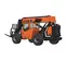 Un chariot élévateur à portée variable JLG SkyTrak orange et noir, modèle 6034, avec une flèche et des fourches allongées, illustré dans une vue arrière des trois quarts sur un fond blanc.