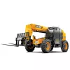 Vue avant inclinée d’un chariot élévateur à portée variable JCB jaune avec flèche rétractée, chariot élévateur noir et cabine fermée.