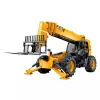Vue avant d’un chariot élévateur à portée variable JCB jaune avec flèche extensible, stabilisateurs, fourches et cabine fermée.