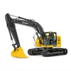 excavatrice JOHN DEERE jaune et grise avec balancement réduit de l’arrière