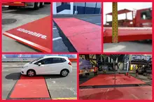 Steel road plates or mats placed over a trench with a car passing safely above, ensuring temporary site access and safety.