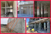 Construction workers assembling a building using temporary propping systems to support the structure during construction.
