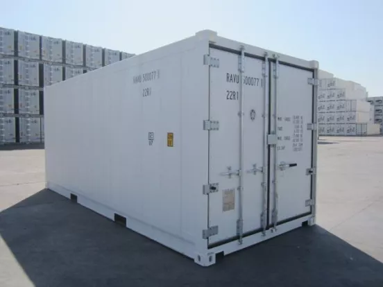 Portes cargo extérieures d’un conteneur d’expédition réfrigéré blanc