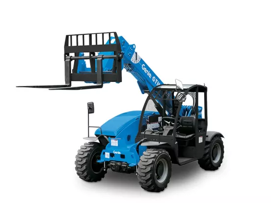 Chariot élévateur à fourche et portée verticale 2,2&nbsp;t Genie bleu avec fourche soulevée