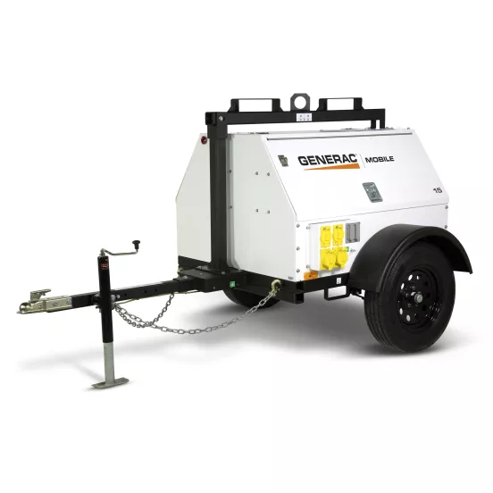 Génératrice remorquable de 13 kW GENERAC blanche et noire, diesel de niveau 4