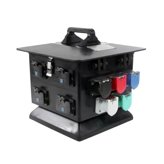 Panneau de dévidoir de câble à caisson quad de 100 A LEX noir, rouge, blanc, bleu et céladon 