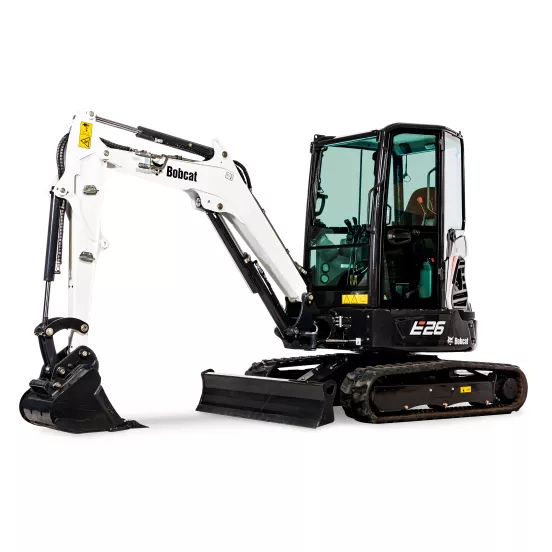 Mini-excavatrice BOBCAT noire et blanche avec balancement réduit de l’arrière