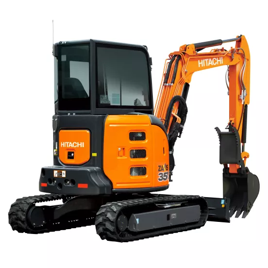 Mini-excavatrice HITACHI orange, grise et noire de 2,5 à 3,5 tonnes, balancement de l’arrière zéro