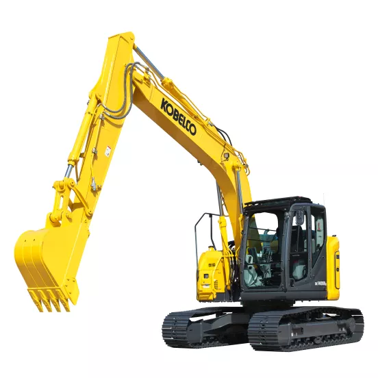 Excavatrice KOBELCO jaune et grise 13,6 à 15,9 t, aucun balancement de l’arrière