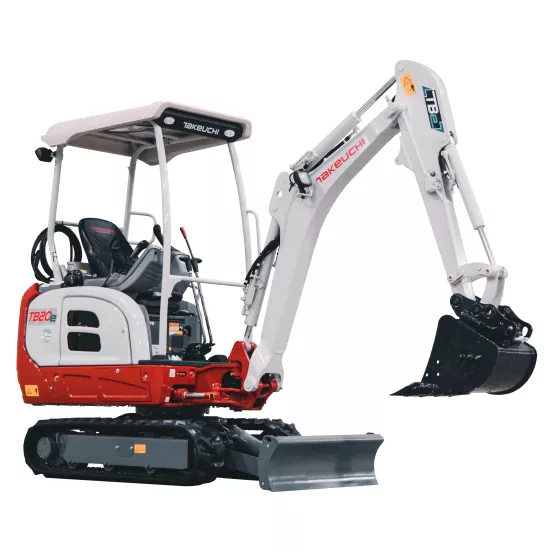 Mini-excavatrice électrique rouge, blanche et noire de 1 200 kg