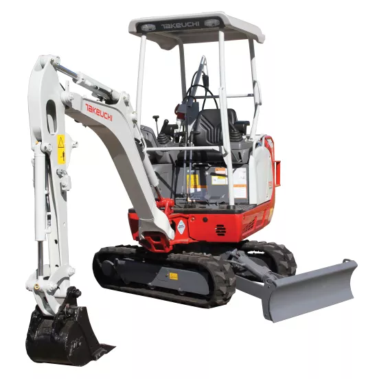 Mini-excavatrice Takeuchi blanche et rouge
