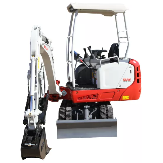 Mini-excavatrice TAKEUCHI rouge, blanche et grise de 3 000 à 3 999 lb, zéro balancement de l’arrière