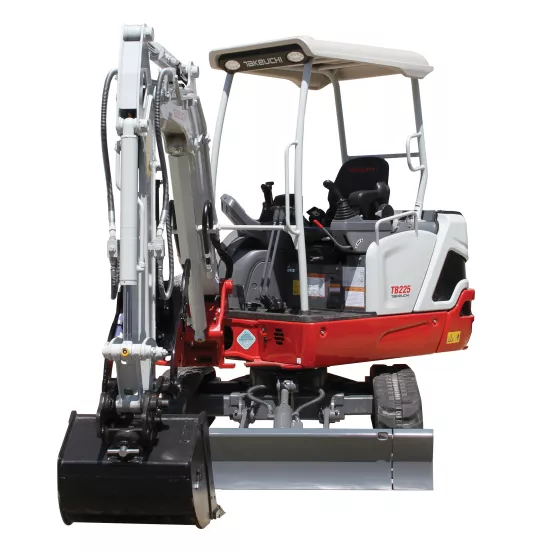 Mini-excavatrice TAKEUCHI blanche, rouge et grise de 1,2 à 1,2 t, balancement de l’arrière zéro