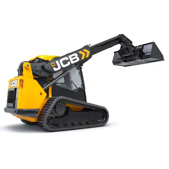 Chargeuse à chenilles compacte JCB jaune et noire de 1 240 kg avec flèche télescopique